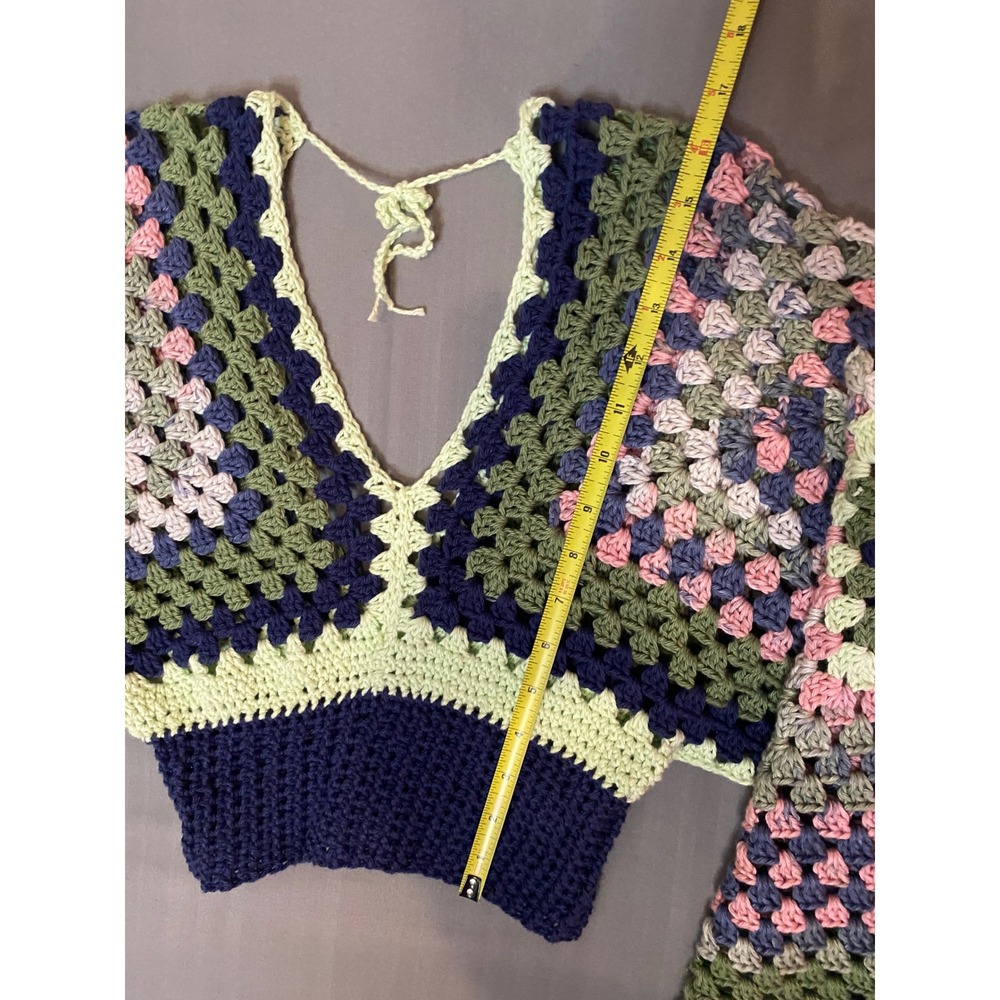Handmade Crochet Granny Square Crop Top Bell Sleeve Green Navy Pink Boho V-Neck - Picture 5 of 6
